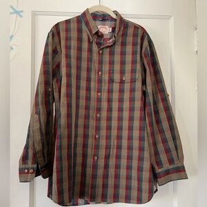 VINTAGE Brooks Brothers Mens Dress Shirt L Brown/Red/Green Plaid Long Sleeve